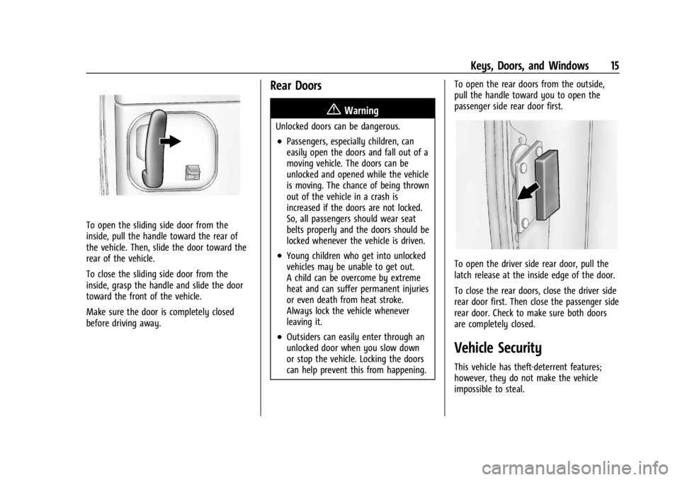 CHEVROLET EXPRESS CARGO 2021 User Guide Chevrolet Express Owner Manual (GMNA-Localizing-U.S./Canada/Mexico-
14583525) - 2021 - CRC - 12/9/20
Keys, Doors, and Windows 15
To open the sliding side door from the
inside, pull the handle toward t CHEVROLET EXPRESS CARGO 2021 User Guide Chevrolet Express Owner Manual (GMNA-Localizing-U.S./Canada/Mexico-
14583525) - 2021 - CRC - 12/9/20
Keys, Doors, and Windows 15
To open the sliding side door from the
inside, pull the handle toward t