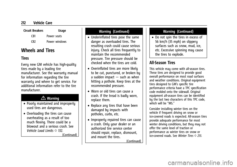 CHEVROLET EXPRESS CARGO 2021 Owners Manual Chevrolet Express Owner Manual (GMNA-Localizing-U.S./Canada/Mexico-
14583525) - 2021 - CRC - 12/9/20
212 Vehicle Care
Circuit Breakers UsageCB1 Power seats
CB2 Power windows
Wheels and Tires
Tires
Eve CHEVROLET EXPRESS CARGO 2021 Owners Manual Chevrolet Express Owner Manual (GMNA-Localizing-U.S./Canada/Mexico-
14583525) - 2021 - CRC - 12/9/20
212 Vehicle Care
Circuit Breakers UsageCB1 Power seats
CB2 Power windows
Wheels and Tires
Tires
Eve