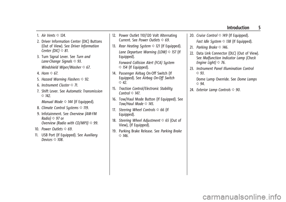 CHEVROLET EXPRESS CARGO 2021 Owners Manual Chevrolet Express Owner Manual (GMNA-Localizing-U.S./Canada/Mexico-
14583525) - 2021 - CRC - 1/4/21
Introduction 5
1.Air Vents 0124.
2. Driver Information Center (DIC) Buttons (Out of View). See Drive CHEVROLET EXPRESS CARGO 2021 Owners Manual Chevrolet Express Owner Manual (GMNA-Localizing-U.S./Canada/Mexico-
14583525) - 2021 - CRC - 1/4/21
Introduction 5
1.Air Vents 0124.
2. Driver Information Center (DIC) Buttons (Out of View). See Drive