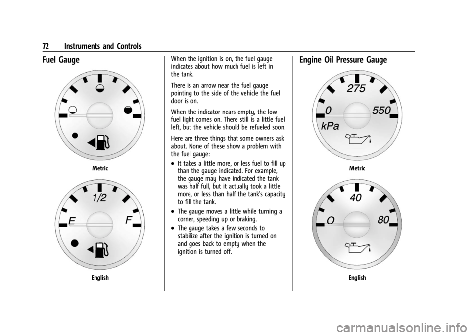 CHEVROLET EXPRESS CARGO 2021 Manual PDF Chevrolet Express Owner Manual (GMNA-Localizing-U.S./Canada/Mexico-
14583525) - 2021 - CRC - 12/9/20
72 Instruments and Controls
Fuel Gauge
Metric
EnglishWhen the ignition is on, the fuel gauge
indica CHEVROLET EXPRESS CARGO 2021 Manual PDF Chevrolet Express Owner Manual (GMNA-Localizing-U.S./Canada/Mexico-
14583525) - 2021 - CRC - 12/9/20
72 Instruments and Controls
Fuel Gauge
Metric
EnglishWhen the ignition is on, the fuel gauge
indica