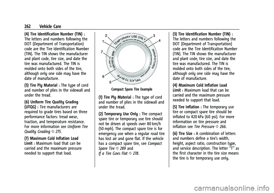 CHEVROLET MALIBU 2021 Owners Manual Chevrolet Malibu Owner Manual (GMNA-Localizing-U.S./Canada-
14584249) - 2021 - CRC - 11/9/20
262 Vehicle Care
(4) Tire Identification Number (TIN):
The letters and numbers following the
DOT (Departmen CHEVROLET MALIBU 2021 Owners Manual Chevrolet Malibu Owner Manual (GMNA-Localizing-U.S./Canada-
14584249) - 2021 - CRC - 11/9/20
262 Vehicle Care
(4) Tire Identification Number (TIN):
The letters and numbers following the
DOT (Departmen