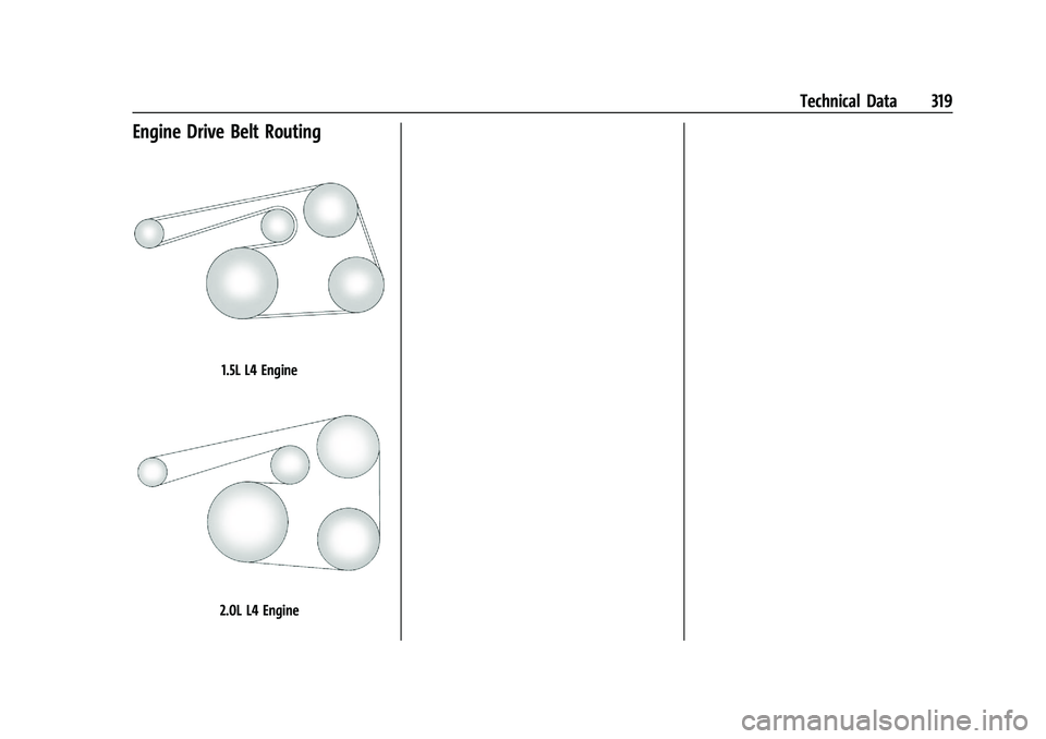 CHEVROLET MALIBU 2021  Owners Manual Chevrolet Malibu Owner Manual (GMNA-Localizing-U.S./Canada-
14584249) - 2021 - CRC - 11/9/20
Technical Data 319
Engine Drive Belt Routing
1.5L L4 Engine
2.0L L4 Engine 
