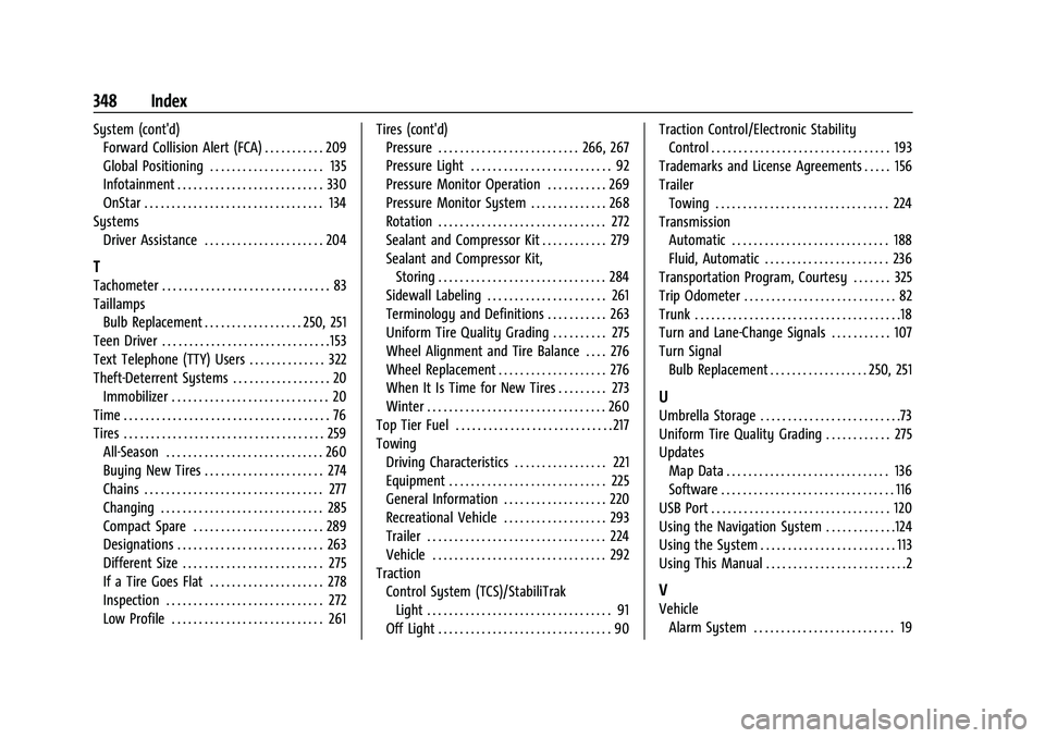 CHEVROLET MALIBU 2021  Owners Manual Chevrolet Malibu Owner Manual (GMNA-Localizing-U.S./Canada-
14584249) - 2021 - CRC - 11/9/20
348 Index
System (cont'd)Forward Collision Alert (FCA) . . . . . . . . . . . 209
Global Positioning . .