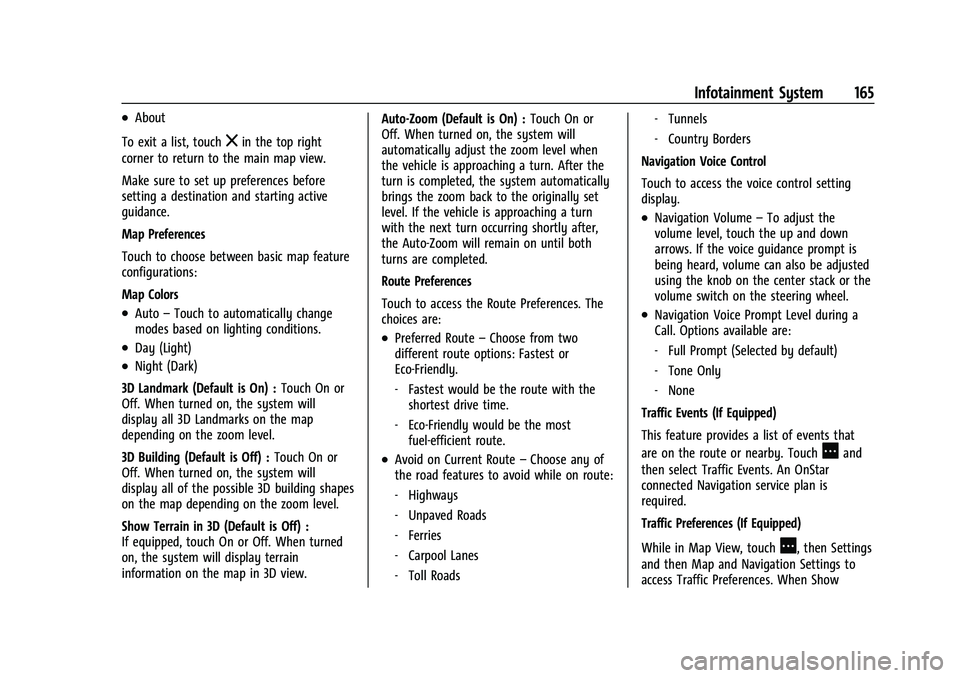 CHEVROLET SILVERADO 1500 2021  Owners Manual Chevrolet Silverado 1500 Owner Manual (GMNA-Localizing-U.S./Canada/
Mexico/Paraguay-14632303) - 2021 - CRC - 11/9/20
Infotainment System 165
.About
To exit a list, touch
zin the top right
corner to re