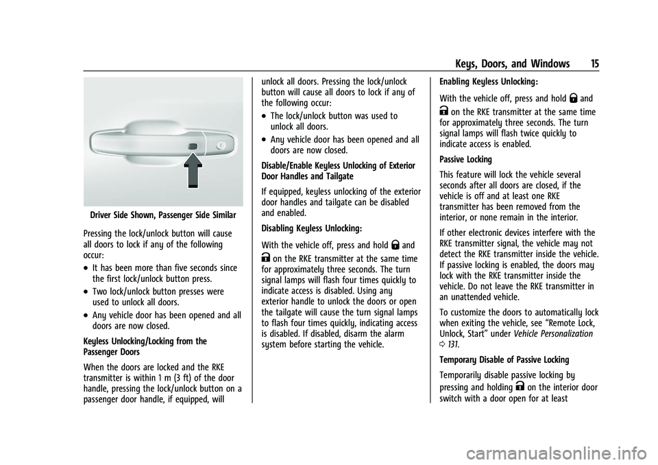 CHEVROLET SILVERADO 1500 2021 User Guide Chevrolet Silverado 1500 Owner Manual (GMNA-Localizing-U.S./Canada/
Mexico/Paraguay-14632303) - 2021 - CRC - 11/9/20
Keys, Doors, and Windows 15
Driver Side Shown, Passenger Side Similar
Pressing the CHEVROLET SILVERADO 1500 2021 User Guide Chevrolet Silverado 1500 Owner Manual (GMNA-Localizing-U.S./Canada/
Mexico/Paraguay-14632303) - 2021 - CRC - 11/9/20
Keys, Doors, and Windows 15
Driver Side Shown, Passenger Side Similar
Pressing the