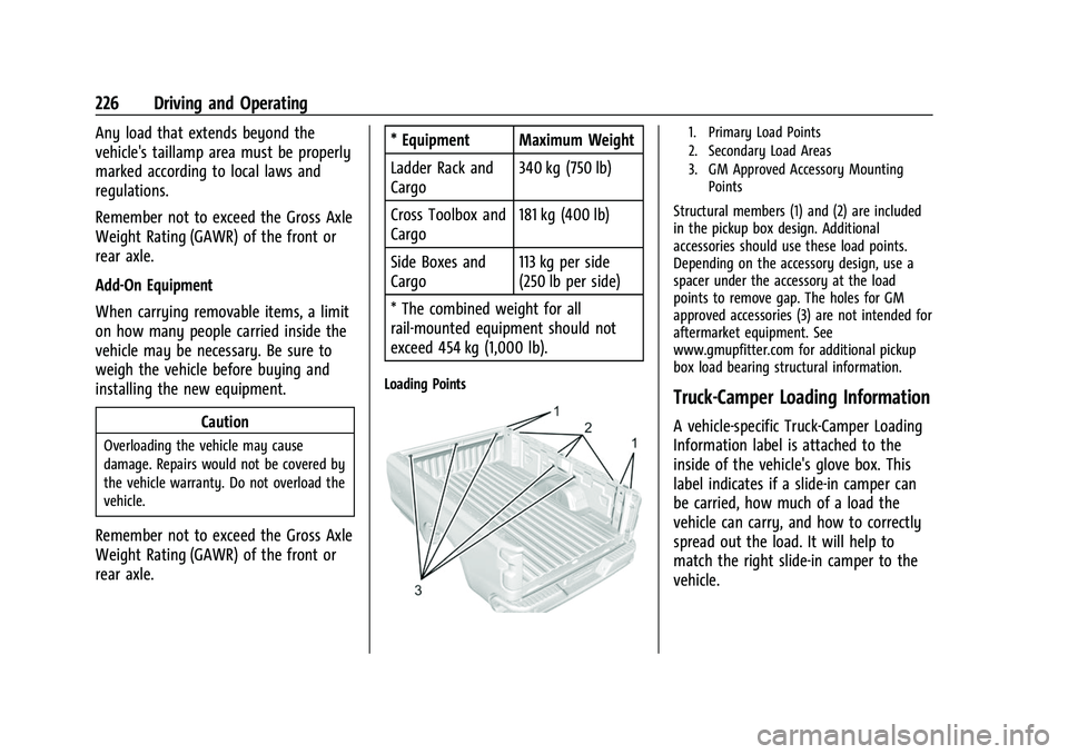 CHEVROLET SILVERADO 1500 2021 Owners Manual Chevrolet Silverado 1500 Owner Manual (GMNA-Localizing-U.S./Canada/
Mexico/Paraguay-14632303) - 2021 - CRC - 11/9/20
226 Driving and Operating
Any load that extends beyond the
vehicle's taillamp a CHEVROLET SILVERADO 1500 2021 Owners Manual Chevrolet Silverado 1500 Owner Manual (GMNA-Localizing-U.S./Canada/
Mexico/Paraguay-14632303) - 2021 - CRC - 11/9/20
226 Driving and Operating
Any load that extends beyond the
vehicle's taillamp a