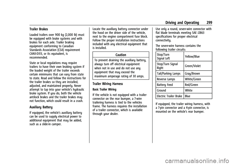 CHEVROLET SILVERADO 1500 2021  Owners Manual Chevrolet Silverado 1500 Owner Manual (GMNA-Localizing-U.S./Canada/
Mexico/Paraguay-14632303) - 2021 - CRC - 11/9/20
Driving and Operating 299
Trailer Brakes
Loaded trailers over 900 kg (2,000 lb) mus