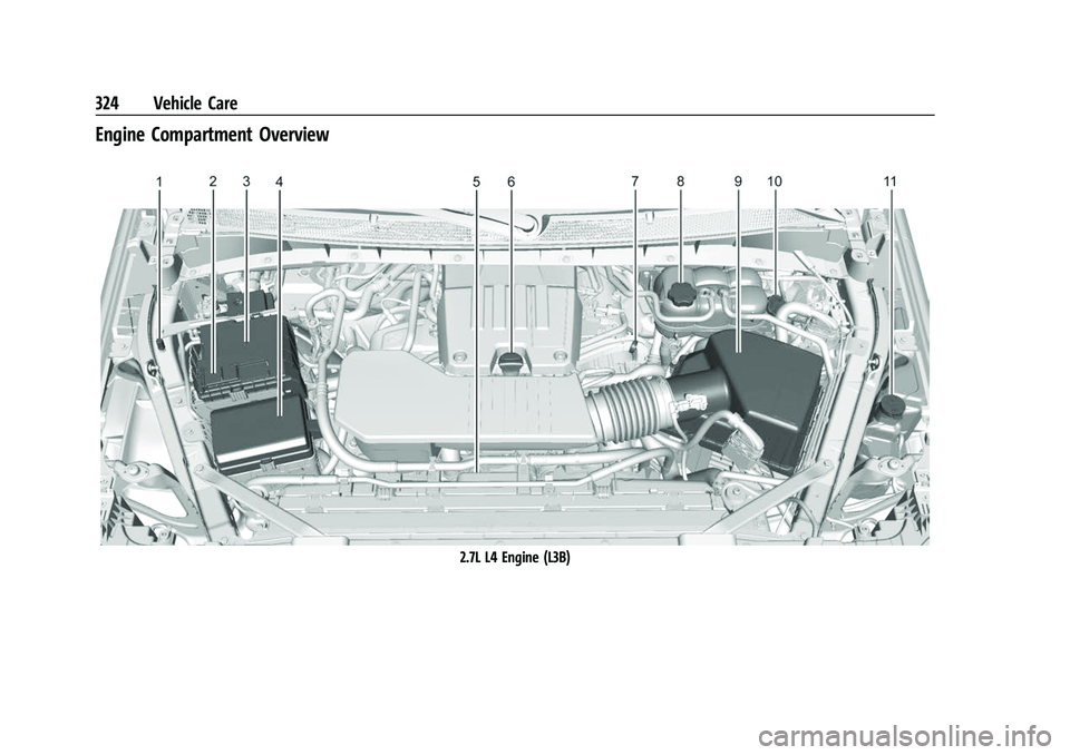 CHEVROLET SILVERADO 1500 2021 Owners Manual Chevrolet Silverado 1500 Owner Manual (GMNA-Localizing-U.S./Canada/
Mexico/Paraguay-14632303) - 2021 - CRC - 11/9/20
324 Vehicle Care
Engine Compartment Overview
2.7L L4 Engine (L3B) CHEVROLET SILVERADO 1500 2021 Owners Manual Chevrolet Silverado 1500 Owner Manual (GMNA-Localizing-U.S./Canada/
Mexico/Paraguay-14632303) - 2021 - CRC - 11/9/20
324 Vehicle Care
Engine Compartment Overview
2.7L L4 Engine (L3B)
