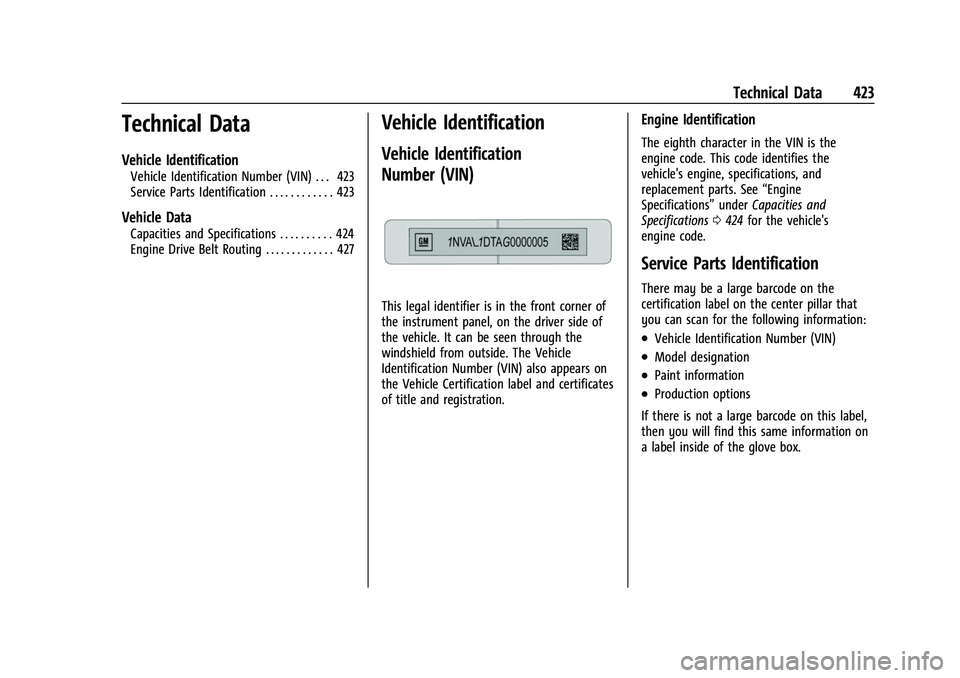 CHEVROLET SILVERADO 1500 2021  Owners Manual Chevrolet Silverado 1500 Owner Manual (GMNA-Localizing-U.S./Canada/
Mexico/Paraguay-14632303) - 2021 - CRC - 11/9/20
Technical Data 423
Technical Data
Vehicle Identification
Vehicle Identification Num