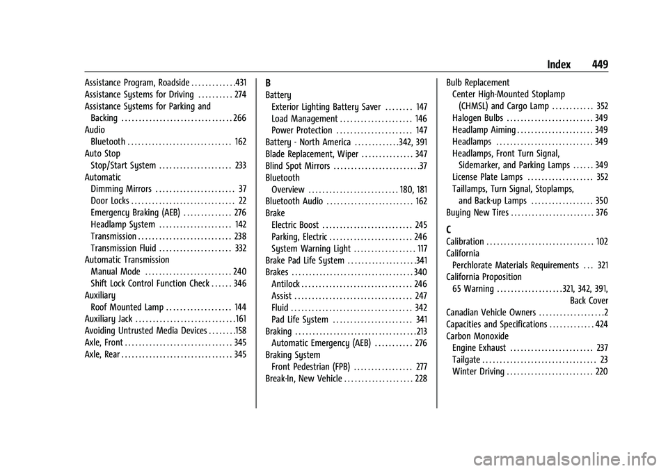 CHEVROLET SILVERADO 1500 2021  Owners Manual Chevrolet Silverado 1500 Owner Manual (GMNA-Localizing-U.S./Canada/-
Mexico/Paraguay-14632303) - 2021 - CRC - 11/9/20
Index 449
Assistance Program, Roadside . . . . . . . . . . . . .431
Assistance Sys