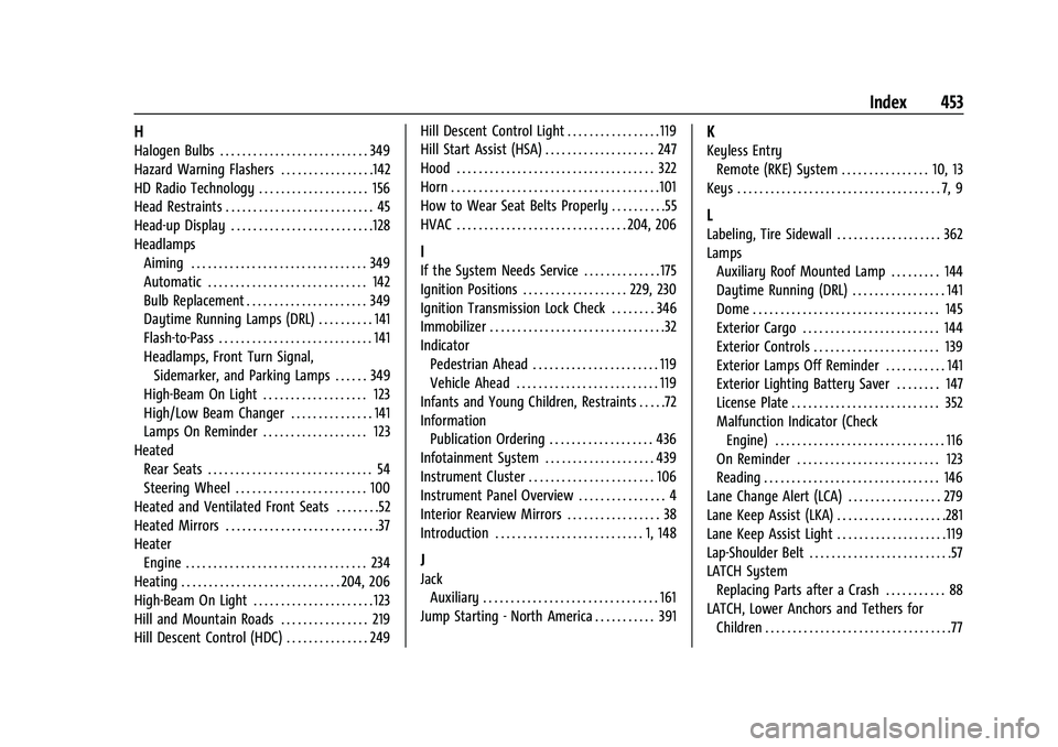 CHEVROLET SILVERADO 1500 2021  Owners Manual Chevrolet Silverado 1500 Owner Manual (GMNA-Localizing-U.S./Canada/-
Mexico/Paraguay-14632303) - 2021 - CRC - 11/9/20
Index 453
H
Halogen Bulbs . . . . . . . . . . . . . . . . . . . . . . . . . . . 34