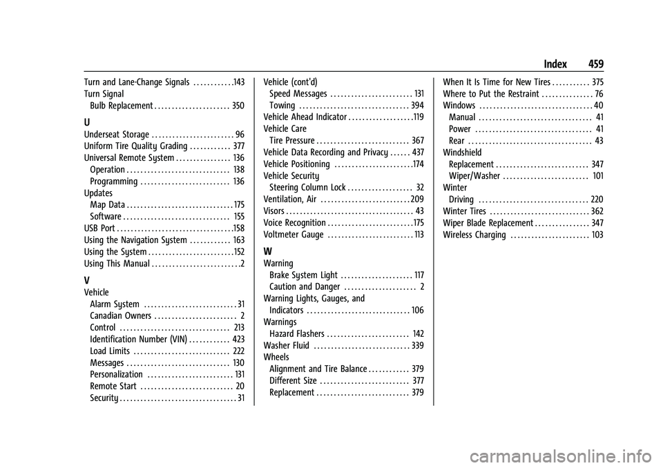 CHEVROLET SILVERADO 1500 2021  Owners Manual Chevrolet Silverado 1500 Owner Manual (GMNA-Localizing-U.S./Canada/-
Mexico/Paraguay-14632303) - 2021 - CRC - 11/9/20
Index 459
Turn and Lane-Change Signals . . . . . . . . . . . .143
Turn SignalBulb 