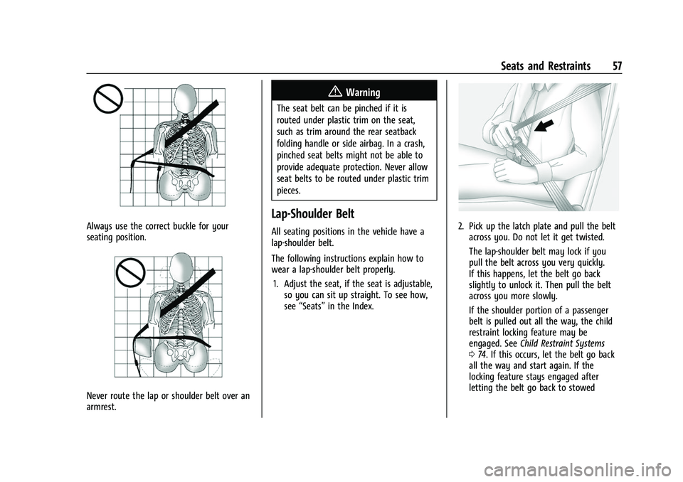 CHEVROLET SILVERADO 1500 2021  Owners Manual Chevrolet Silverado 1500 Owner Manual (GMNA-Localizing-U.S./Canada/
Mexico/Paraguay-14632303) - 2021 - CRC - 11/9/20
Seats and Restraints 57
Always use the correct buckle for your
seating position.
Ne