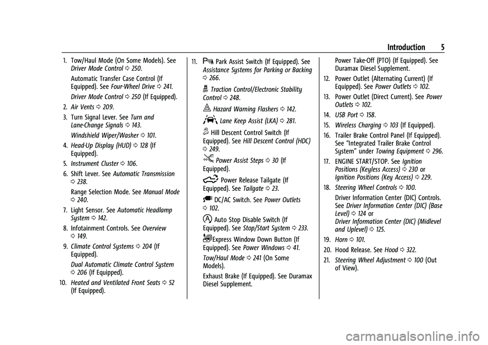 CHEVROLET SILVERADO 1500 2021 Owners Manual Chevrolet Silverado 1500 Owner Manual (GMNA-Localizing-U.S./Canada/
Mexico/Paraguay-14632303) - 2021 - CRC - 11/9/20
Introduction 5
1. Tow/Haul Mode (On Some Models). SeeDriver Mode Control 0250.
Auto CHEVROLET SILVERADO 1500 2021 Owners Manual Chevrolet Silverado 1500 Owner Manual (GMNA-Localizing-U.S./Canada/
Mexico/Paraguay-14632303) - 2021 - CRC - 11/9/20
Introduction 5
1. Tow/Haul Mode (On Some Models). SeeDriver Mode Control 0250.
Auto
