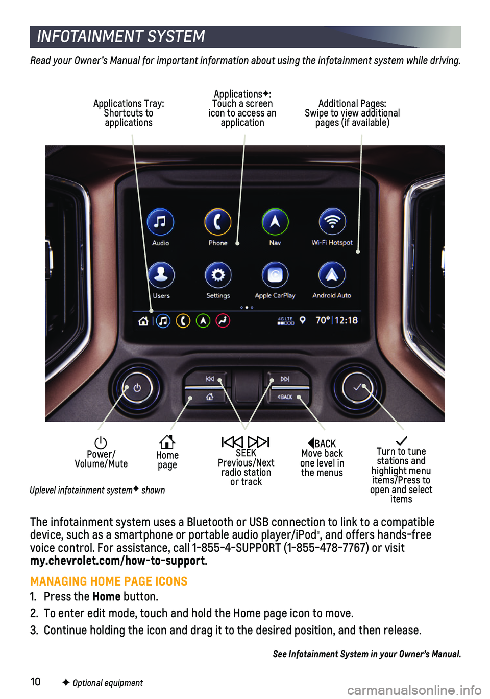 CHEVROLET SILVERADO 1500 2021  Get To Know Guide 10F Optional equipment
INFOTAINMENT SYSTEM
The infotainment system uses a Bluetooth or USB connection to link to a \
compatible device, such as a smartphone or portable audio player/iPod®, and offers