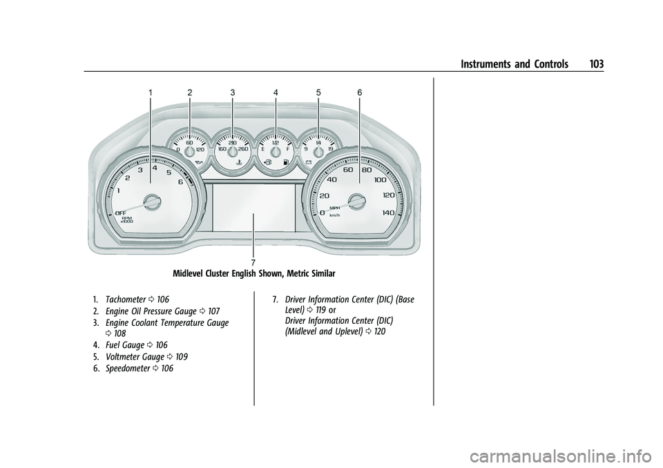 CHEVROLET SILVERADO 2500HD 2021 Owners Manual Chevrolet Silverado 2500 HD/3500 HD Owner Manual (GMNA-Localizing-U.
S./Canada/Mexico-14632154) - 2021 - CRC - 11/20/20
Instruments and Controls 103
Midlevel Cluster English Shown, Metric Similar
1.Ta CHEVROLET SILVERADO 2500HD 2021 Owners Manual Chevrolet Silverado 2500 HD/3500 HD Owner Manual (GMNA-Localizing-U.
S./Canada/Mexico-14632154) - 2021 - CRC - 11/20/20
Instruments and Controls 103
Midlevel Cluster English Shown, Metric Similar
1.Ta