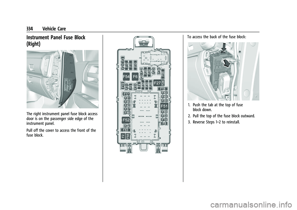 CHEVROLET SILVERADO 2500HD 2021 Owners Manual Chevrolet Silverado 2500 HD/3500 HD Owner Manual (GMNA-Localizing-U.
S./Canada/Mexico-14632154) - 2021 - CRC - 11/20/20
334 Vehicle Care
Instrument Panel Fuse Block
(Right)
The right instrument panel CHEVROLET SILVERADO 2500HD 2021 Owners Manual Chevrolet Silverado 2500 HD/3500 HD Owner Manual (GMNA-Localizing-U.
S./Canada/Mexico-14632154) - 2021 - CRC - 11/20/20
334 Vehicle Care
Instrument Panel Fuse Block
(Right)
The right instrument panel