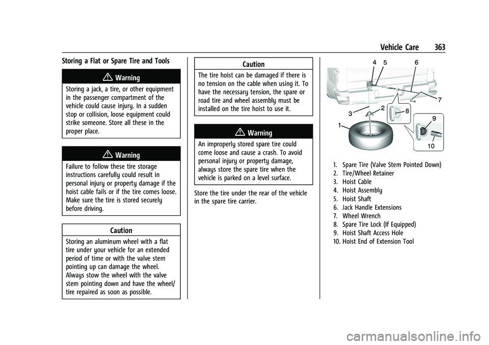 CHEVROLET SILVERADO 2500HD 2021 Owners Manual Chevrolet Silverado 2500 HD/3500 HD Owner Manual (GMNA-Localizing-U.
S./Canada/Mexico-14632154) - 2021 - CRC - 11/20/20
Vehicle Care 363
Storing a Flat or Spare Tire and Tools
{Warning
Storing a jack, CHEVROLET SILVERADO 2500HD 2021 Owners Manual Chevrolet Silverado 2500 HD/3500 HD Owner Manual (GMNA-Localizing-U.
S./Canada/Mexico-14632154) - 2021 - CRC - 11/20/20
Vehicle Care 363
Storing a Flat or Spare Tire and Tools
{Warning
Storing a jack,