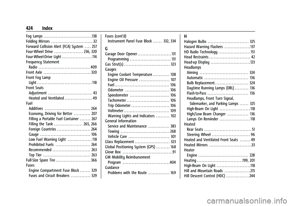 CHEVROLET SILVERADO 2500HD 2021  Owners Manual Chevrolet Silverado 2500 HD/3500 HD Owner Manual (GMNA-Localizing-U.
S./Canada/Mexico-14632154) - 2021 - CRC - 11/20/20
424 Index
Fog Lamps . . . . . . . . . . . . . . . . . . . . . . . . . . . . . . 