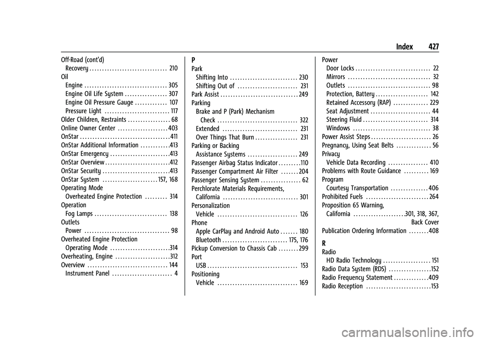 CHEVROLET SILVERADO 2500HD 2021  Owners Manual Chevrolet Silverado 2500 HD/3500 HD Owner Manual (GMNA-Localizing-U.
S./Canada/Mexico-14632154) - 2021 - CRC - 11/20/20
Index 427
Off-Road (cont'd)Recovery . . . . . . . . . . . . . . . . . . . . 