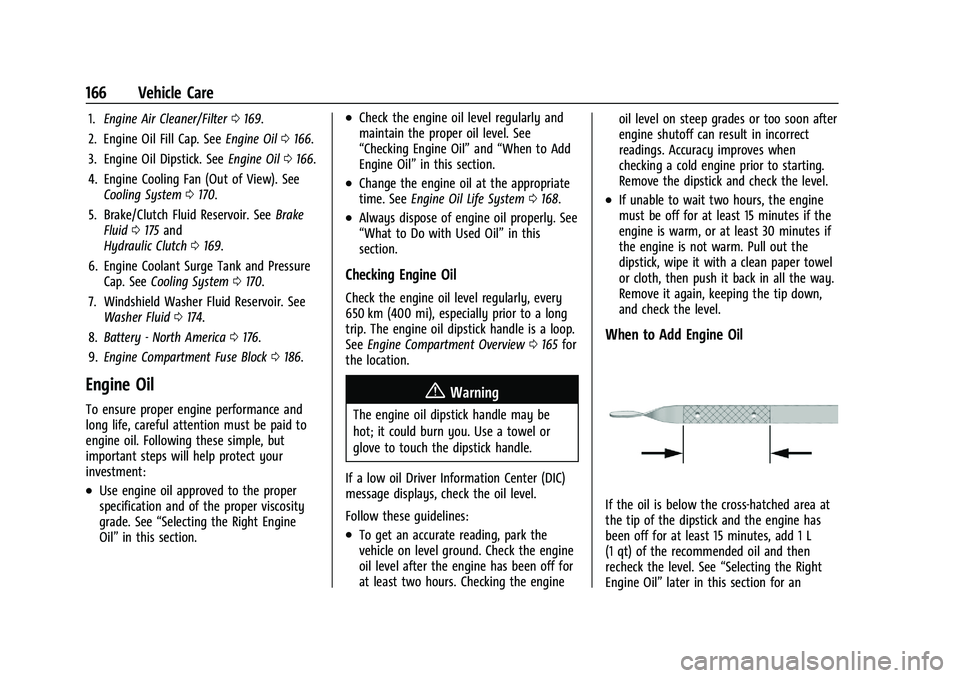 CHEVROLET SPARK 2021 User Guide Chevrolet Spark Owner Manual (GMNA-Localizing-U.S./Canada-14622955) -
2021 - CRC - 8/17/20
166 Vehicle Care
1.Engine Air Cleaner/Filter 0169.
2. Engine Oil Fill Cap. See Engine Oil0166.
3. Engine Oil 