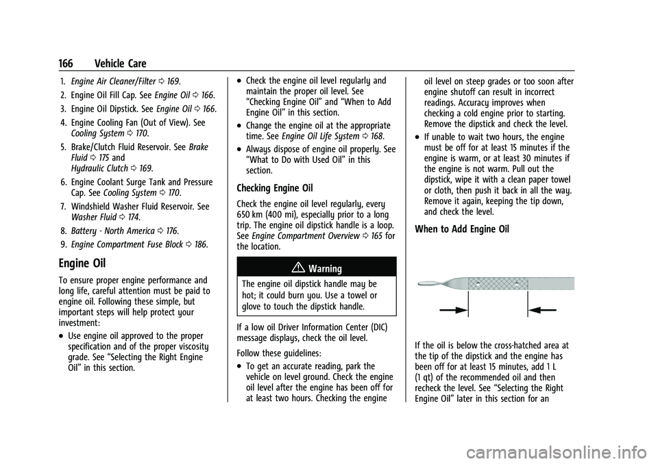 CHEVROLET SPARK 2021  Owners Manual Chevrolet Spark Owner Manual (GMNA-Localizing-U.S./Canada-14622955) -
2021 - CRC - 8/17/20
166 Vehicle Care
1.Engine Air Cleaner/Filter 0169.
2. Engine Oil Fill Cap. See Engine Oil0166.
3. Engine Oil 