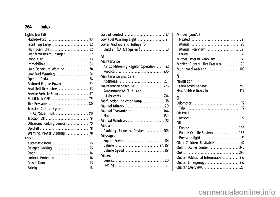 CHEVROLET SPARK 2021  Owners Manual Chevrolet Spark Owner Manual (GMNA-Localizing-U.S./Canada-14622955) -
2021 - CRC - 8/17/20
264 Index
Lights (cont'd)Flash-to-Pass . . . . . . . . . . . . . . . . . . . . . . . . . . . . 93
Front F