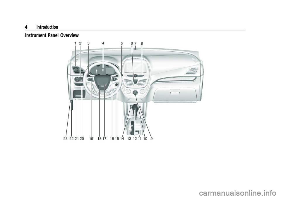 CHEVROLET SPARK 2021  Owners Manual Chevrolet Spark Owner Manual (GMNA-Localizing-U.S./Canada-14622955) -
2021 - CRC - 8/17/20
4 Introduction
Instrument Panel Overview 