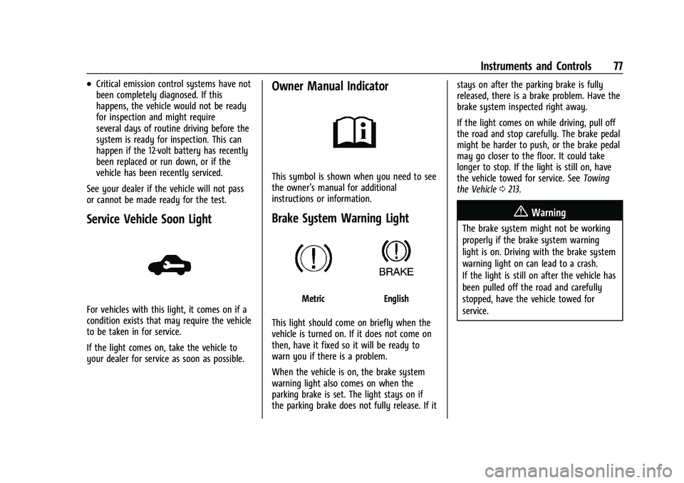 CHEVROLET SPARK 2021  Owners Manual Chevrolet Spark Owner Manual (GMNA-Localizing-U.S./Canada-14622955) -
2021 - CRC - 8/17/20
Instruments and Controls 77
.Critical emission control systems have not
been completely diagnosed. If this
ha