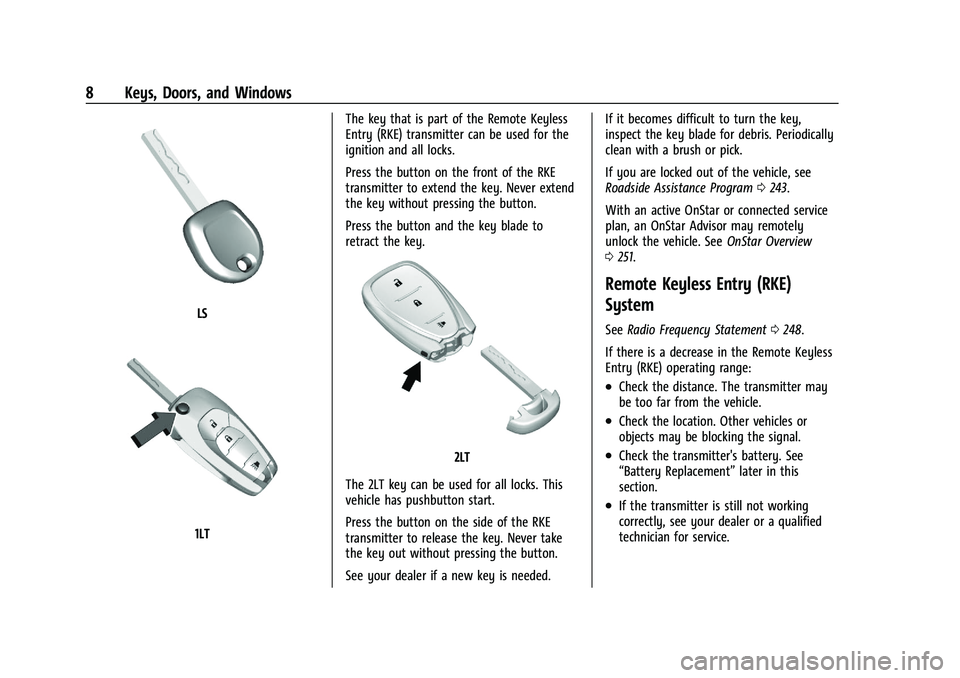 CHEVROLET SPARK 2021  Owners Manual Chevrolet Spark Owner Manual (GMNA-Localizing-U.S./Canada-14622955) -
2021 - CRC - 8/17/20
8 Keys, Doors, and Windows
LS
1LTThe key that is part of the Remote Keyless
Entry (RKE) transmitter can be us