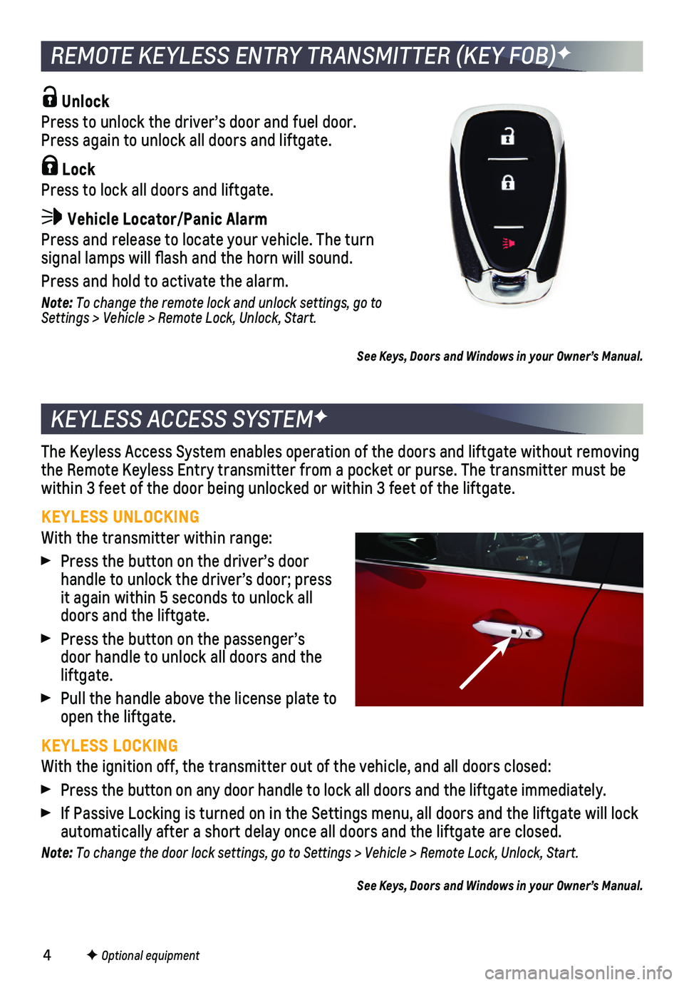 CHEVROLET SPARK 2021  Get To Know Guide 4
KEYLESS ACCESS SYSTEMF
The Keyless Access System enables operation of the doors and liftgate wi\
thout removing the Remote Keyless Entry transmitter from a pocket or purse. The transmi\
tter must be