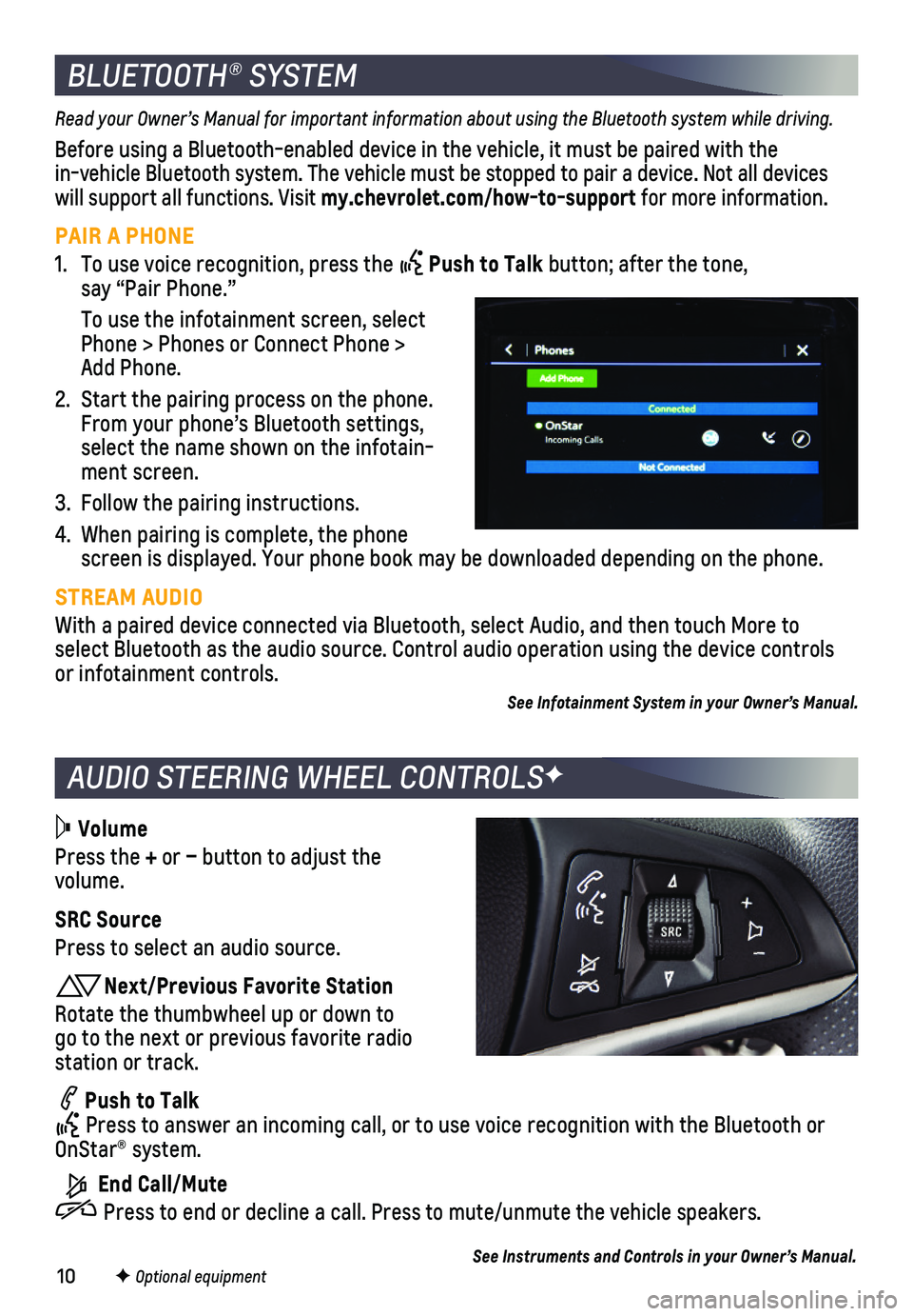 CHEVROLET SPARK 2021  Get To Know Guide 10
AUDIO STEERING WHEEL CONTROLSF
BLUETOOTH® SYSTEM
Read your Owner’s Manual for important information about using the Bluetooth system while driving.
Before using a Bluetooth-enabled device in th