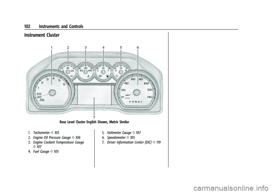 CHEVROLET SUBURBAN 2021  Owners Manual Chevrolet Tahoe/Suburban Owner Manual (GMNA-Localizing-U.S./Canada/
Mexico-13690484) - 2021 - crc - 8/17/20
102 Instruments and Controls
Instrument Cluster
Base Level Cluster English Shown, Metric Sim
