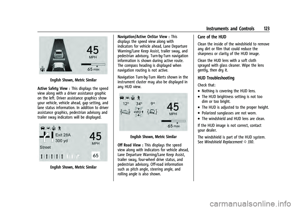 CHEVROLET TAHOE 2021  Owners Manual Chevrolet Tahoe/Suburban Owner Manual (GMNA-Localizing-U.S./Canada/
Mexico-13690484) - 2021 - crc - 8/17/20
Instruments and Controls 123
English Shown, Metric Similar
Active Safety View : This display