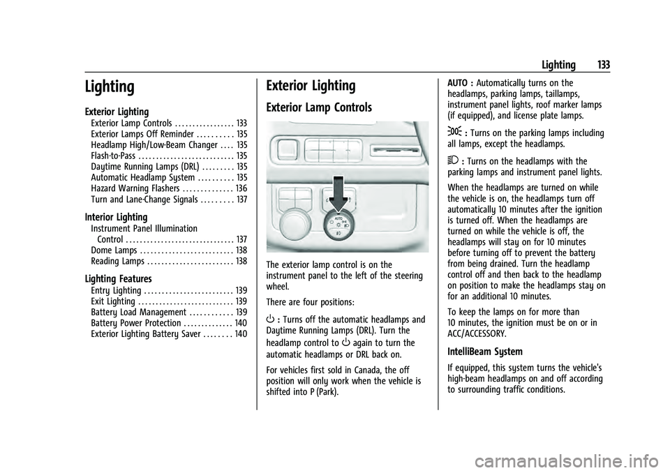 CHEVROLET SUBURBAN 2021  Owners Manual Chevrolet Tahoe/Suburban Owner Manual (GMNA-Localizing-U.S./Canada/
Mexico-13690484) - 2021 - crc - 8/17/20
Lighting 133
Lighting
Exterior Lighting
Exterior Lamp Controls . . . . . . . . . . . . . . .