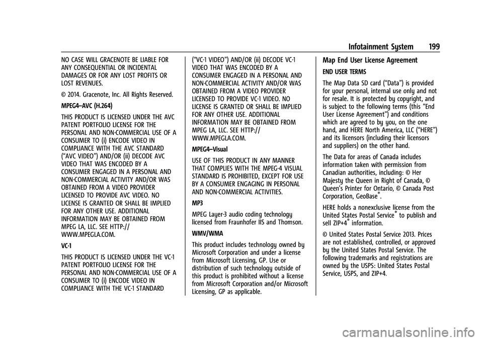 CHEVROLET TAHOE 2021 Owners Manual Chevrolet Tahoe/Suburban Owner Manual (GMNA-Localizing-U.S./Canada/
Mexico-13690484) - 2021 - crc - 8/17/20
Infotainment System 199
NO CASE WILL GRACENOTE BE LIABLE FOR
ANY CONSEQUENTIAL OR INCIDENTAL CHEVROLET TAHOE 2021 Owners Manual Chevrolet Tahoe/Suburban Owner Manual (GMNA-Localizing-U.S./Canada/
Mexico-13690484) - 2021 - crc - 8/17/20
Infotainment System 199
NO CASE WILL GRACENOTE BE LIABLE FOR
ANY CONSEQUENTIAL OR INCIDENTAL