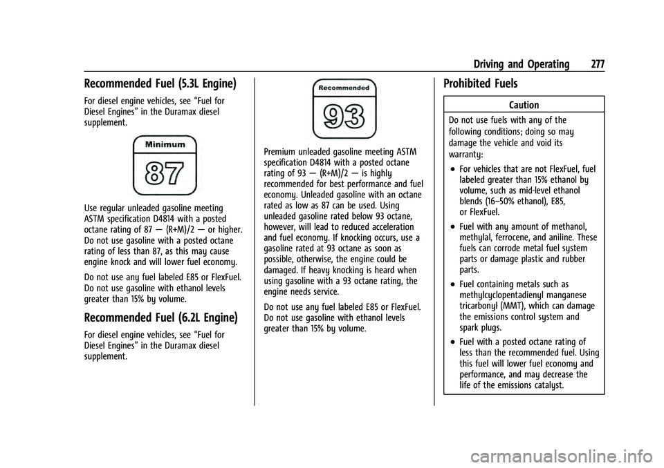 CHEVROLET TAHOE 2021 Manual PDF Chevrolet Tahoe/Suburban Owner Manual (GMNA-Localizing-U.S./Canada/
Mexico-13690484) - 2021 - crc - 8/17/20
Driving and Operating 277
Recommended Fuel (5.3L Engine)
For diesel engine vehicles, see“F CHEVROLET TAHOE 2021 Manual PDF Chevrolet Tahoe/Suburban Owner Manual (GMNA-Localizing-U.S./Canada/
Mexico-13690484) - 2021 - crc - 8/17/20
Driving and Operating 277
Recommended Fuel (5.3L Engine)
For diesel engine vehicles, see“F