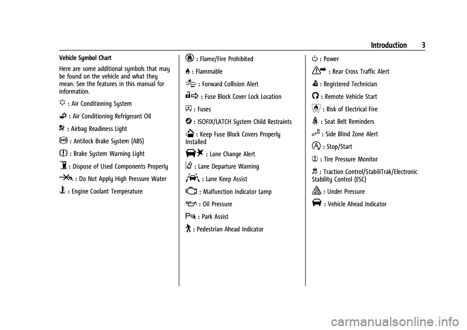 CHEVROLET SUBURBAN 2021  Owners Manual Chevrolet Tahoe/Suburban Owner Manual (GMNA-Localizing-U.S./Canada/
Mexico-13690484) - 2021 - CRC - 8/21/20
Introduction 3
Vehicle Symbol Chart
Here are some additional symbols that may
be found on th