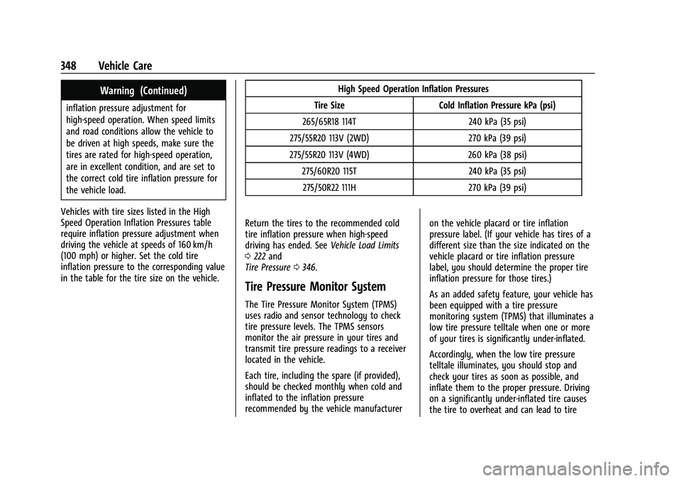CHEVROLET SUBURBAN 2021  Owners Manual Chevrolet Tahoe/Suburban Owner Manual (GMNA-Localizing-U.S./Canada/
Mexico-13690484) - 2021 - crc - 8/17/20
348 Vehicle Care
Warning (Continued)
inflation pressure adjustment for
high-speed operation.
