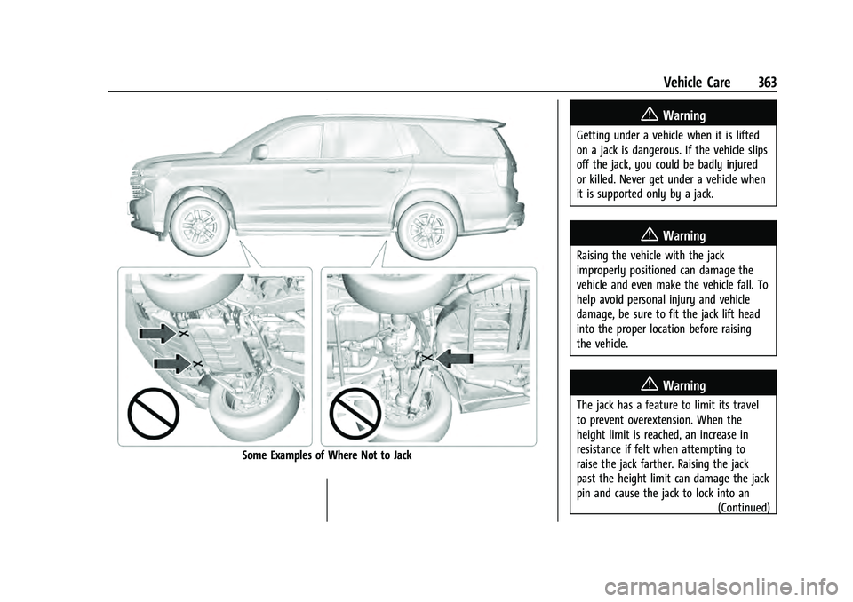 CHEVROLET TAHOE 2021  Owners Manual Chevrolet Tahoe/Suburban Owner Manual (GMNA-Localizing-U.S./Canada/
Mexico-13690484) - 2021 - crc - 8/17/20
Vehicle Care 363
Some Examples of Where Not to Jack
{Warning
Getting under a vehicle when it