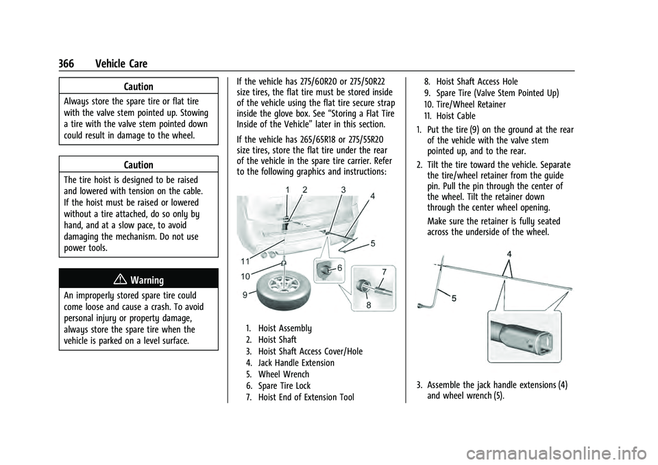 CHEVROLET TAHOE 2021  Owners Manual Chevrolet Tahoe/Suburban Owner Manual (GMNA-Localizing-U.S./Canada/
Mexico-13690484) - 2021 - crc - 8/17/20
366 Vehicle Care
Caution
Always store the spare tire or flat tire
with the valve stem pointe