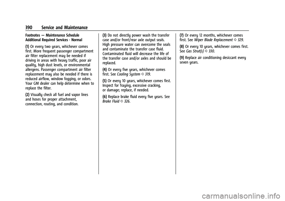 CHEVROLET TAHOE 2021 User Guide Chevrolet Tahoe/Suburban Owner Manual (GMNA-Localizing-U.S./Canada/
Mexico-13690484) - 2021 - crc - 8/17/20
390 Service and Maintenance
Footnotes—Maintenance Schedule
Additional Required Services - CHEVROLET TAHOE 2021 User Guide Chevrolet Tahoe/Suburban Owner Manual (GMNA-Localizing-U.S./Canada/
Mexico-13690484) - 2021 - crc - 8/17/20
390 Service and Maintenance
Footnotes—Maintenance Schedule
Additional Required Services -