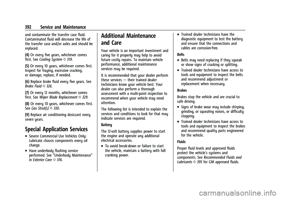 CHEVROLET TAHOE 2021 Owners Manual Chevrolet Tahoe/Suburban Owner Manual (GMNA-Localizing-U.S./Canada/
Mexico-13690484) - 2021 - crc - 8/17/20
392 Service and Maintenance
and contaminate the transfer case fluid.
Contaminated fluid will CHEVROLET TAHOE 2021 Owners Manual Chevrolet Tahoe/Suburban Owner Manual (GMNA-Localizing-U.S./Canada/
Mexico-13690484) - 2021 - crc - 8/17/20
392 Service and Maintenance
and contaminate the transfer case fluid.
Contaminated fluid will