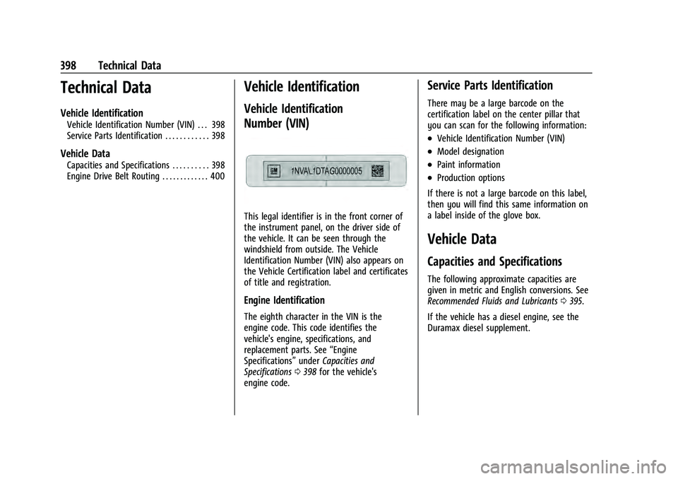 CHEVROLET TAHOE 2021  Owners Manual Chevrolet Tahoe/Suburban Owner Manual (GMNA-Localizing-U.S./Canada/
Mexico-13690484) - 2021 - crc - 8/17/20
398 Technical Data
Technical Data
Vehicle Identification
Vehicle Identification Number (VIN)