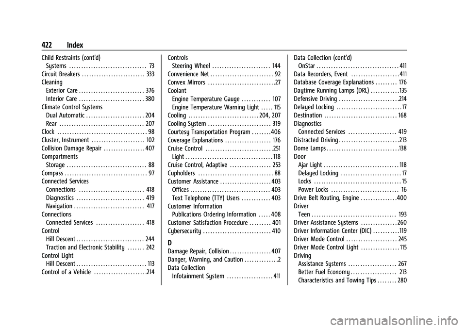 CHEVROLET TAHOE 2021  Owners Manual Chevrolet Tahoe/Suburban Owner Manual (GMNA-Localizing-U.S./Canada/-
Mexico-13690484) - 2021 - crc - 8/17/20
422 Index
Child Restraints (cont'd)Systems . . . . . . . . . . . . . . . . . . . . . . 