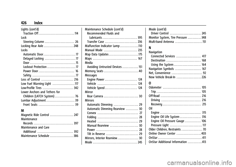 CHEVROLET SUBURBAN 2021 User Guide Chevrolet Tahoe/Suburban Owner Manual (GMNA-Localizing-U.S./Canada/-
Mexico-13690484) - 2021 - crc - 8/17/20
426 Index
Lights (cont'd)Traction Off . . . . . . . . . . . . . . . . . . . . . . . . .