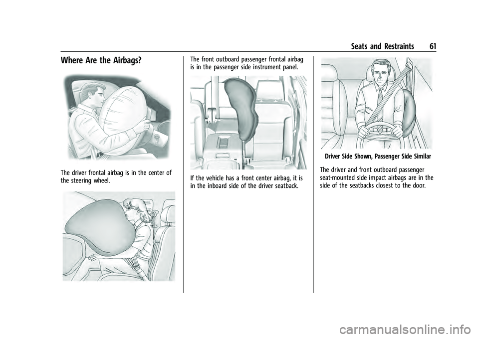 CHEVROLET SUBURBAN 2021  Owners Manual Chevrolet Tahoe/Suburban Owner Manual (GMNA-Localizing-U.S./Canada/
Mexico-13690484) - 2021 - crc - 8/17/20
Seats and Restraints 61
Where Are the Airbags?
The driver frontal airbag is in the center of