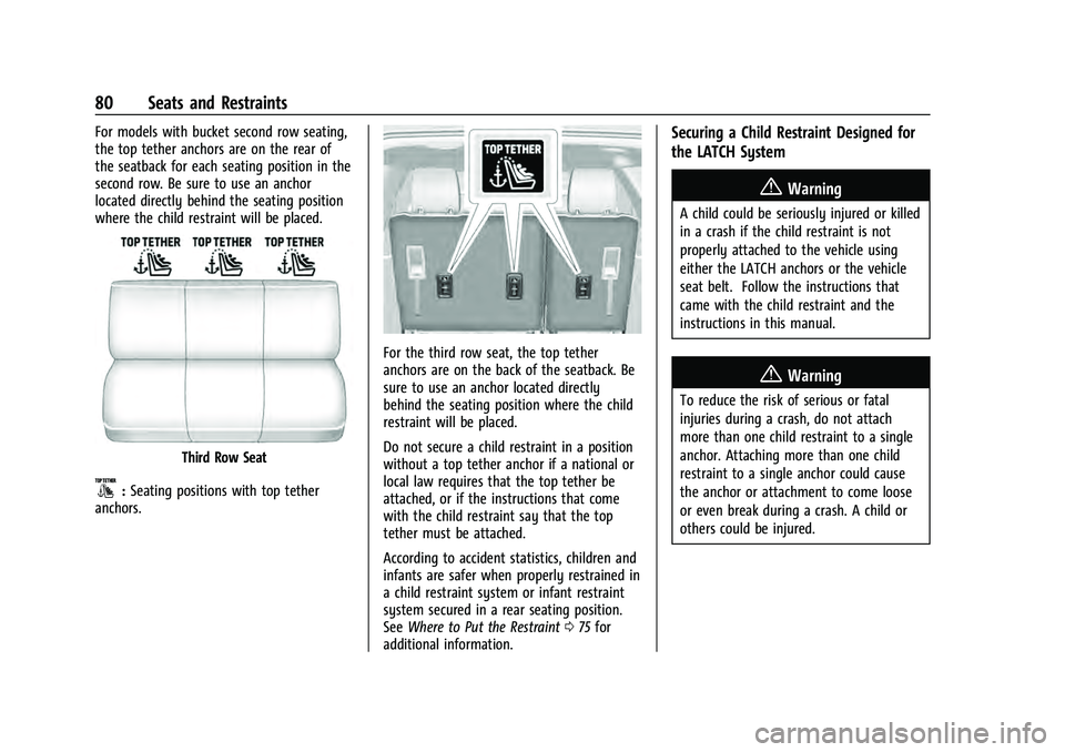 CHEVROLET SUBURBAN 2021 Manual Online Chevrolet Tahoe/Suburban Owner Manual (GMNA-Localizing-U.S./Canada/
Mexico-13690484) - 2021 - crc - 8/17/20
80 Seats and Restraints
For models with bucket second row seating,
the top tether anchors ar CHEVROLET SUBURBAN 2021 Manual Online Chevrolet Tahoe/Suburban Owner Manual (GMNA-Localizing-U.S./Canada/
Mexico-13690484) - 2021 - crc - 8/17/20
80 Seats and Restraints
For models with bucket second row seating,
the top tether anchors ar