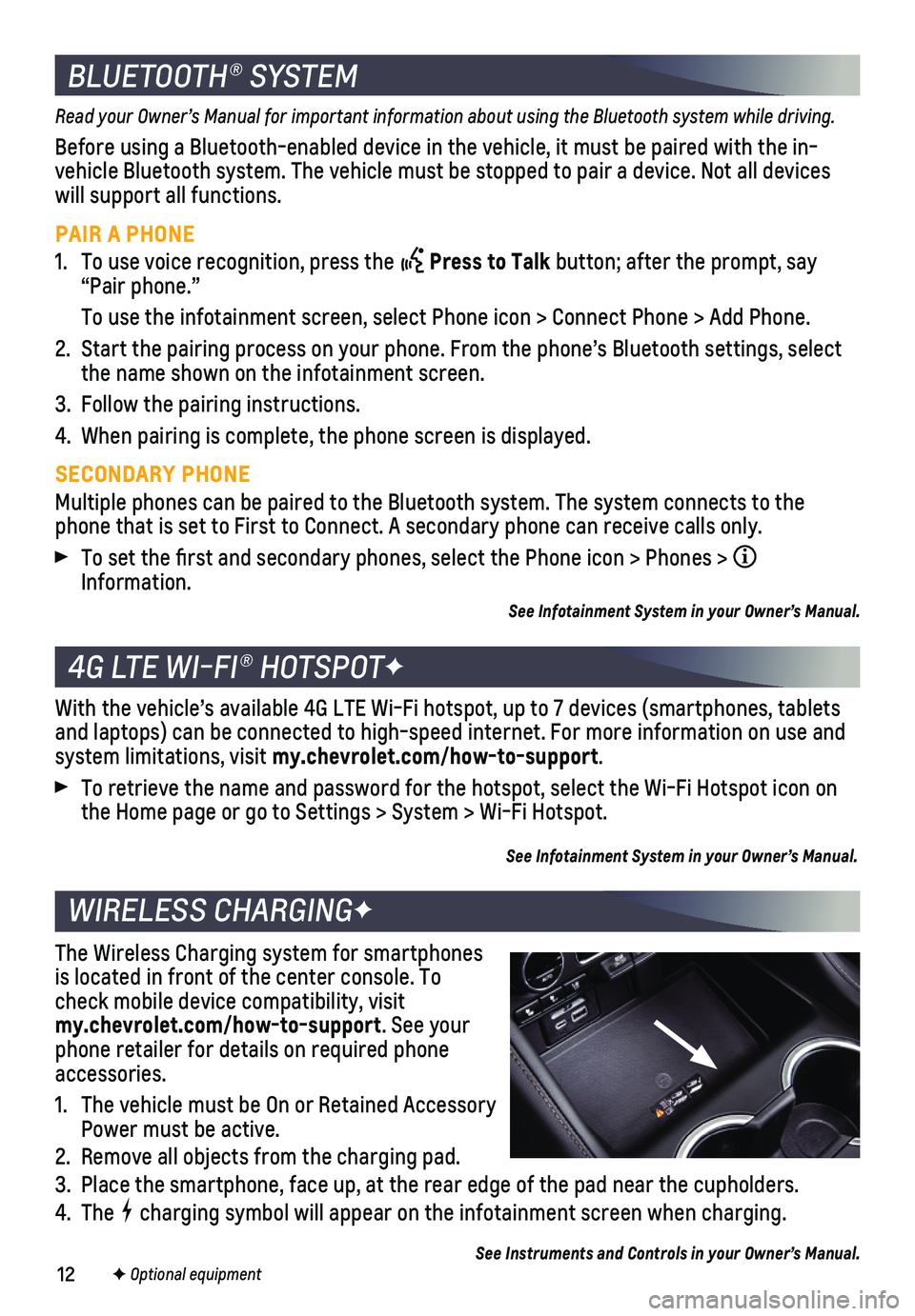 CHEVROLET SUBURBAN 2021  Get To Know Guide 12F Optional equipment       
BLUETOOTH® SYSTEM
Read your Owner’s Manual for important information about using the Bluetooth system while driving.
Before using a Bluetooth-enabled device in the veh