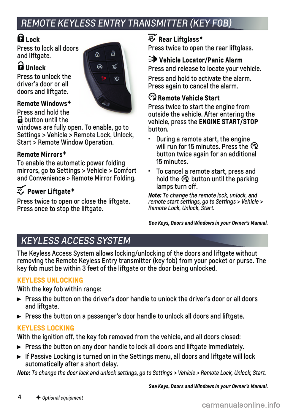 CHEVROLET SUBURBAN 2021  Get To Know Guide 4F Optional equipment
The Keyless Access System allows locking/unlocking of the doors and lift\
gate without removing the Remote Keyless Entry transmitter (key fob) from your pock\
et or purse. The ke